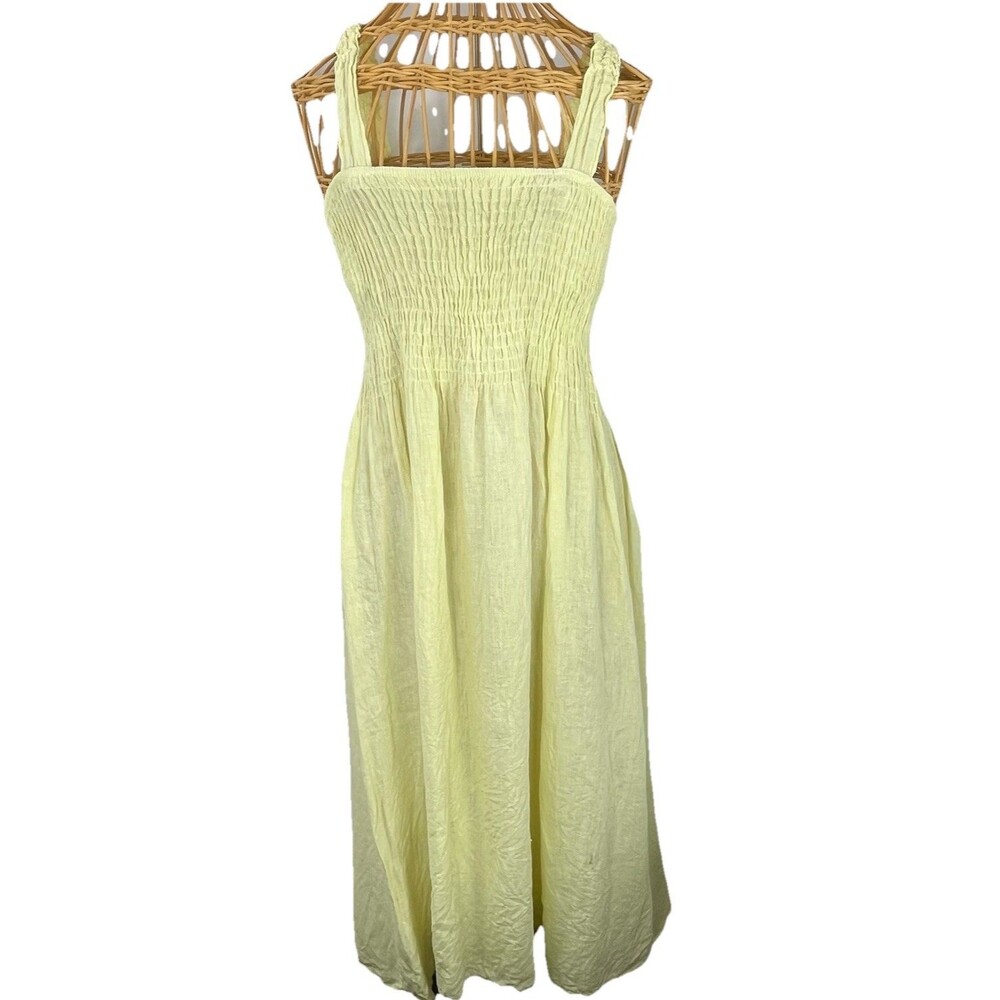Made in Italy Linen Midi Dress Women Yellow Smocked Boho Sundress Size M - Picture 2 of 16